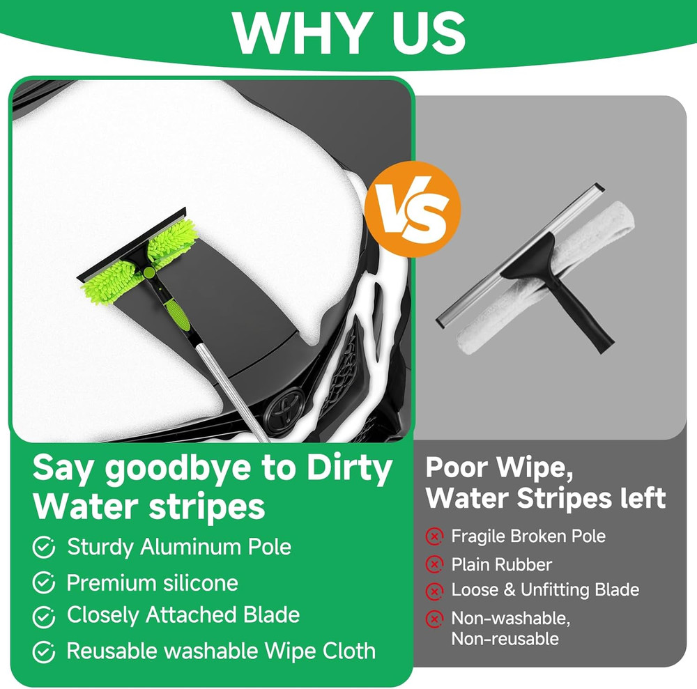 67'' Window Squeegee Cleaner Tool with Extension Pole, 2-In-1 Squeegee for Windo