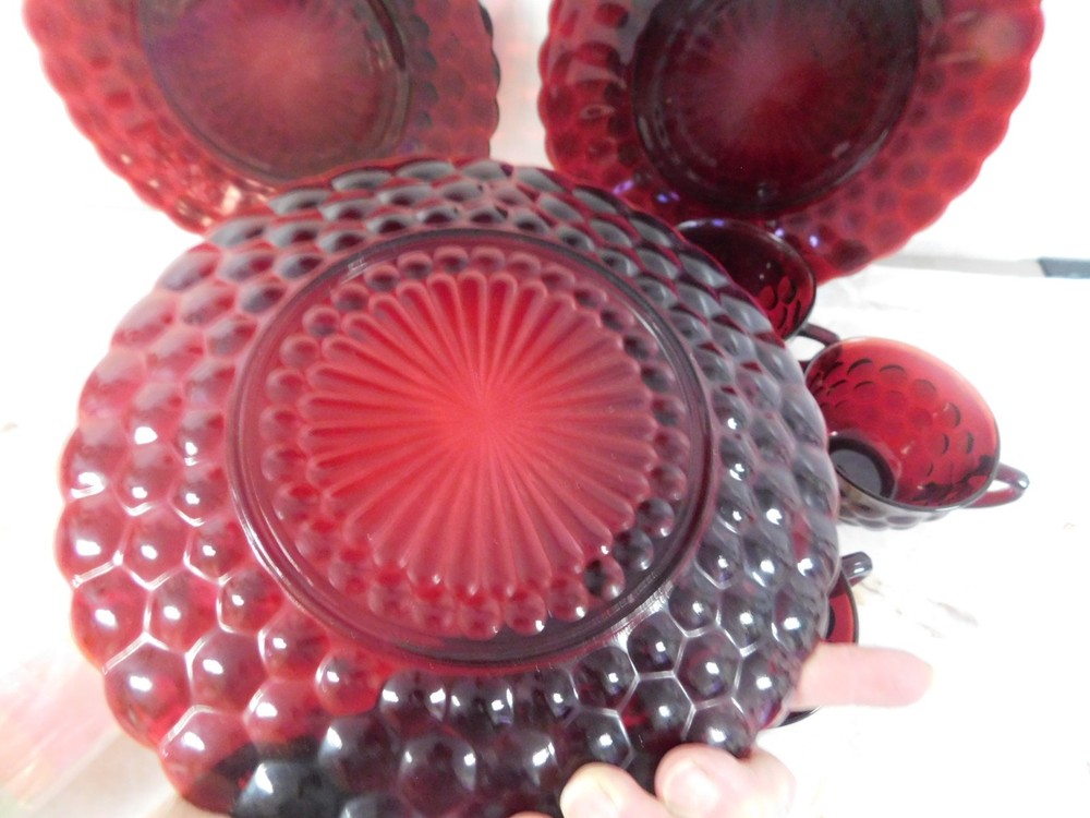 Vintage Royal Ruby Red Bubble Glass Dinner Plates & Cups Set