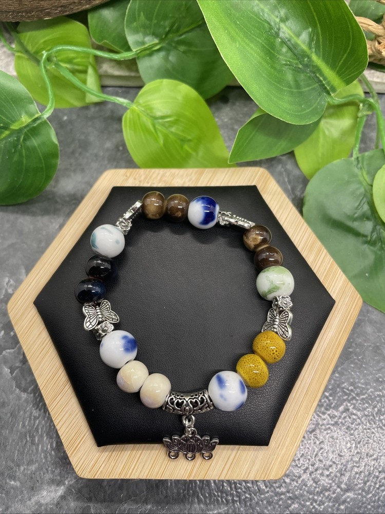 Handmade Ceramic Bead Beaded Stackable 6.25” Plus Stretch Bracelet New B222