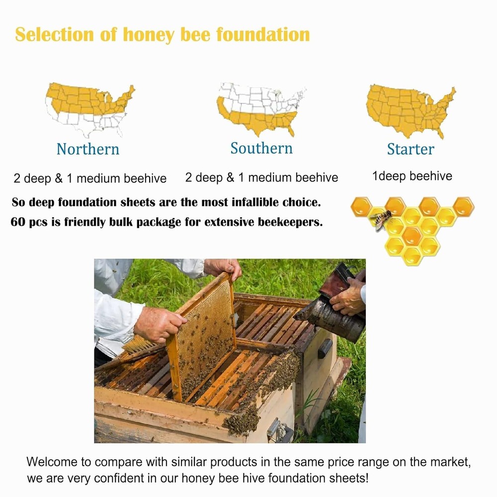 60pcs Bee Hive Foundation Sheets, 9" Langstroth Beehive Wax Foundation, Deep ...