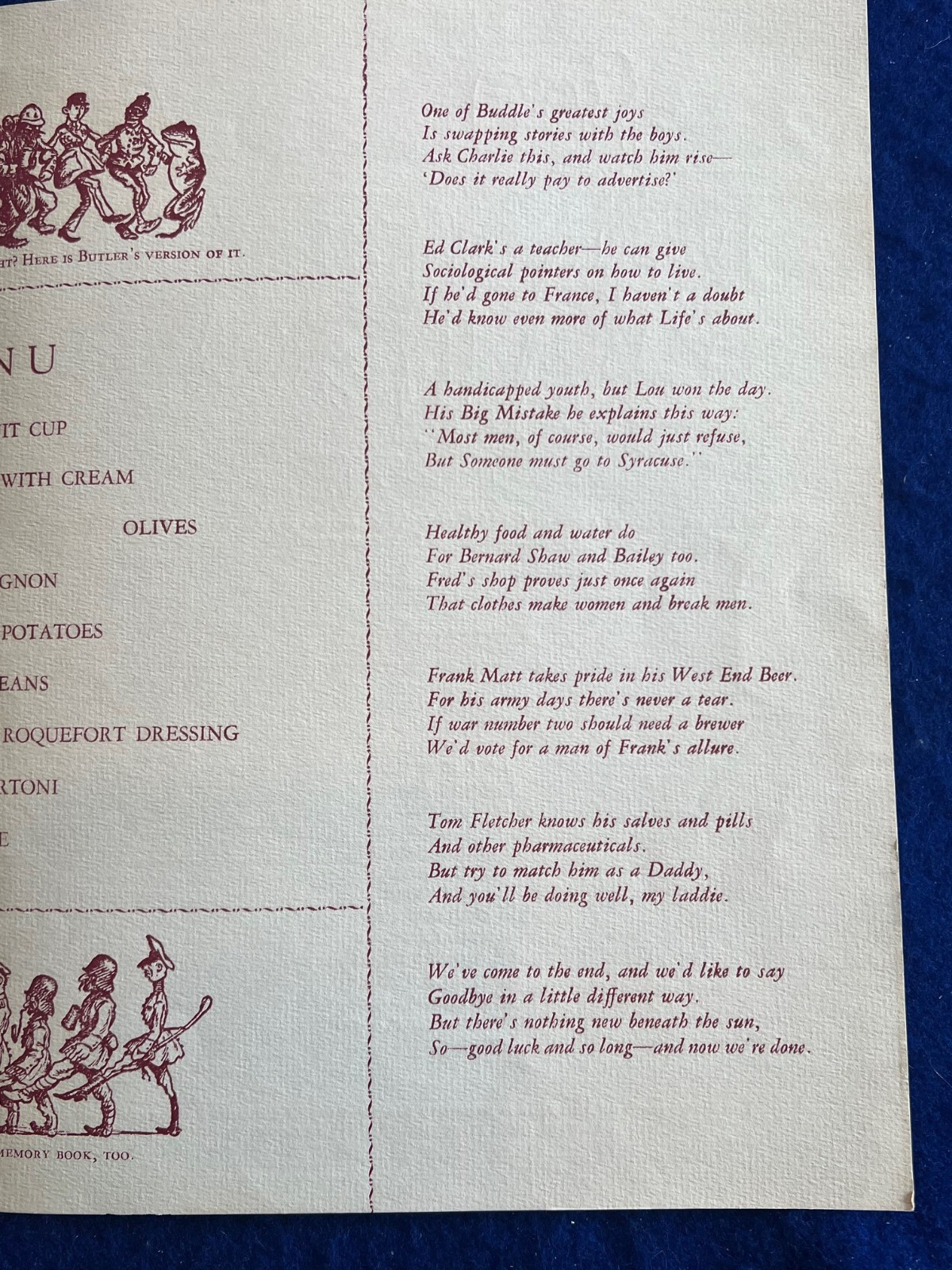 WWI AEF Base Hospital No. 48 France Veteran Reunion Menu Souvenir Cartoon WWII