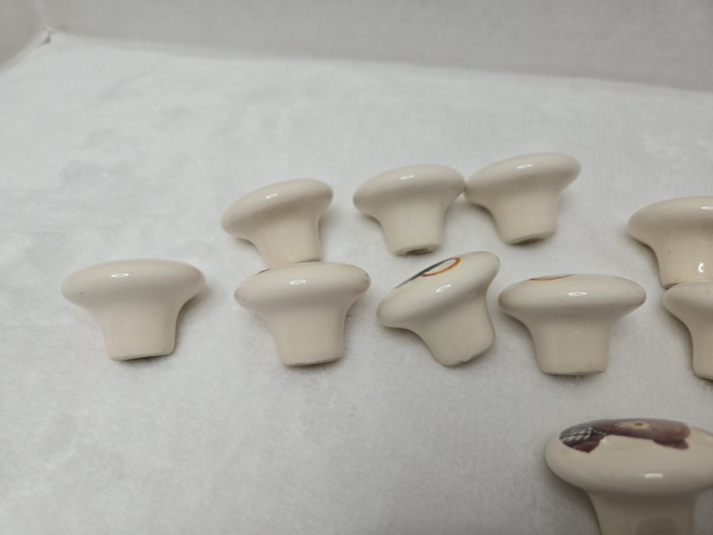 Set 18 Vintage 1 1/2" Round Porcelain Drawer Pull Knobs, bears, bee, kettle