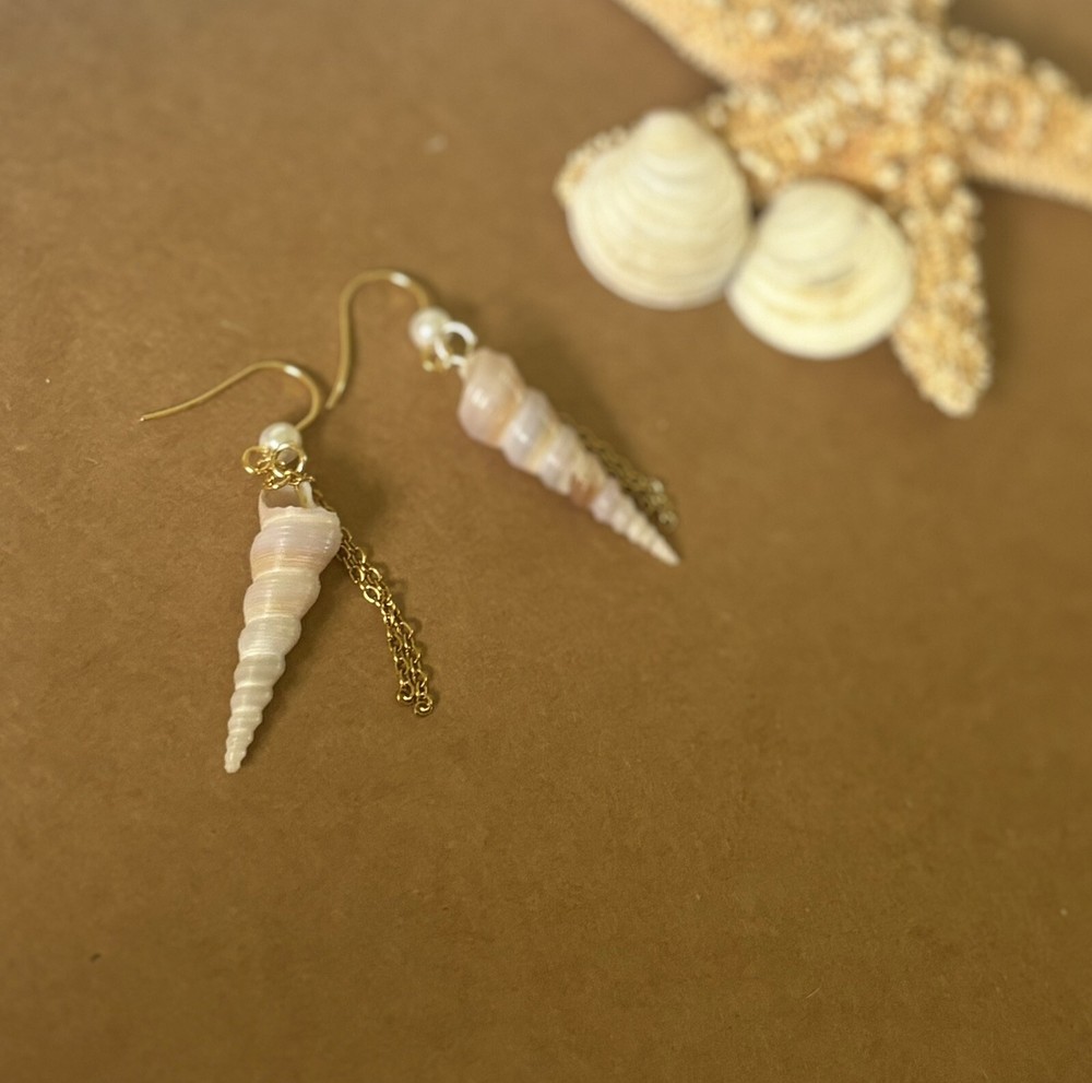 Seashell Dangle Earrings Auger Shell With Pearl Chains Hooks Are Stainless Steel