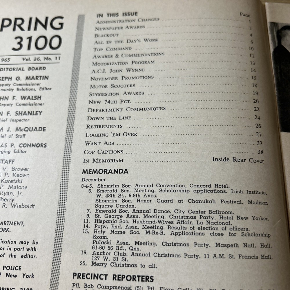 SPRING 3100 NYPD MAGAZINE DECEMBER 1965