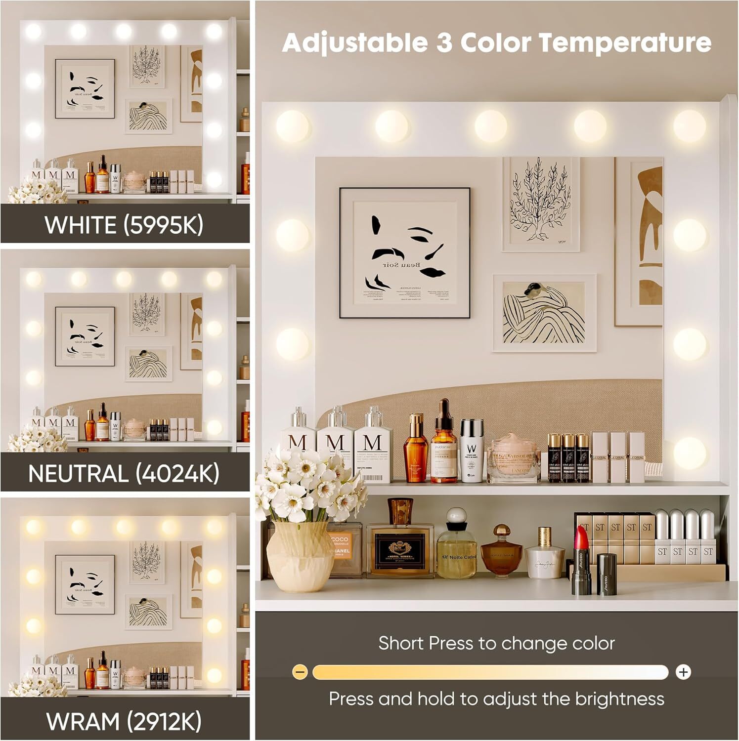 Vanity with Mirror Lights Makeup Vanity Desk Women Girls Bedroom Dressing Table