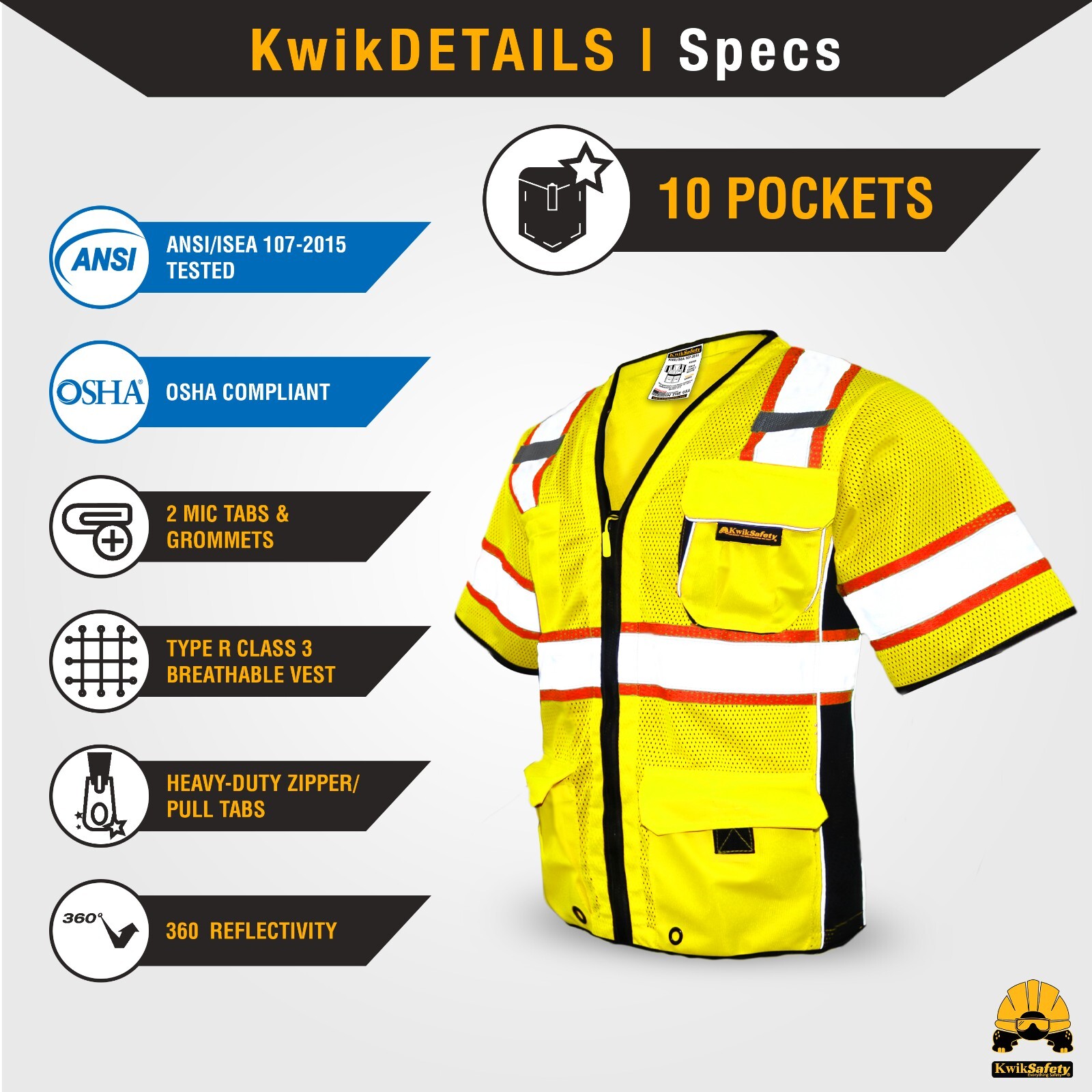 KwikSafety EXECUTIVE Hi Vis Reflective ANSI PPE Surveyor Class 3 Safety Vest