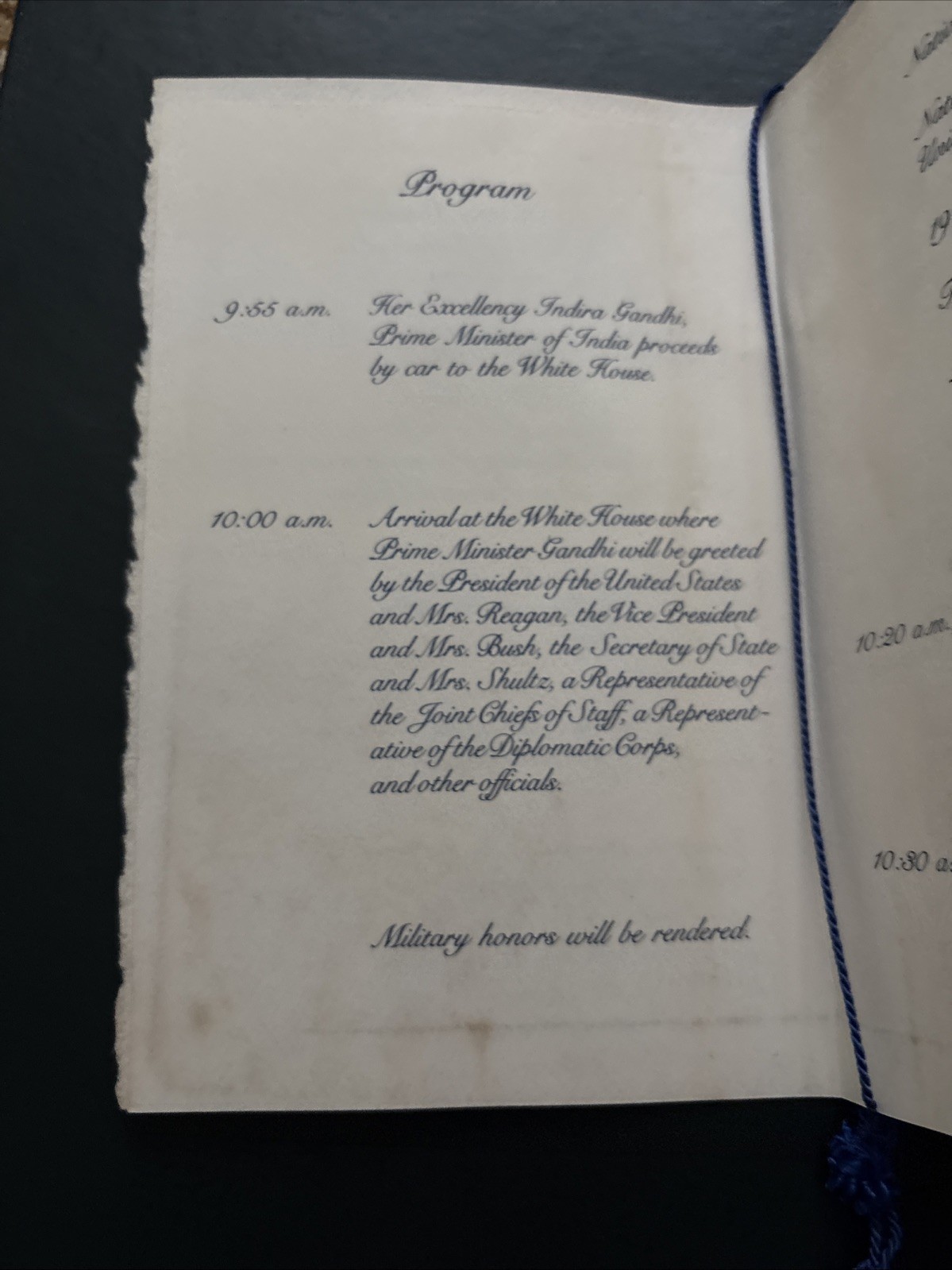 1982 Ronald Reagan White House Arrival Ceremony Program Prime Minister of India