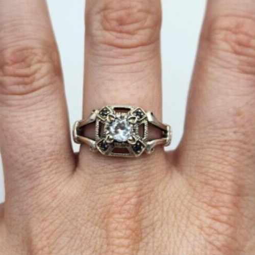 Sterling Silver CZ & Sapphire Ring, Size 9