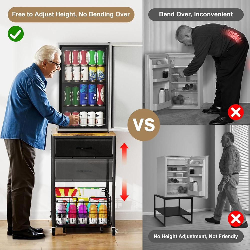 Height-Adjustable Mobile Mini Fridge Stand with Storage and Rolling Cabinet
