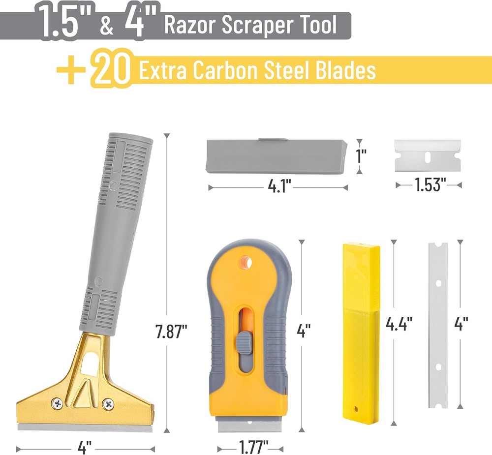 Bates- Razor Blade Scraper Set, 2 Pack, 1.5" & 4" Razor Scraper Tool with 20 Ext