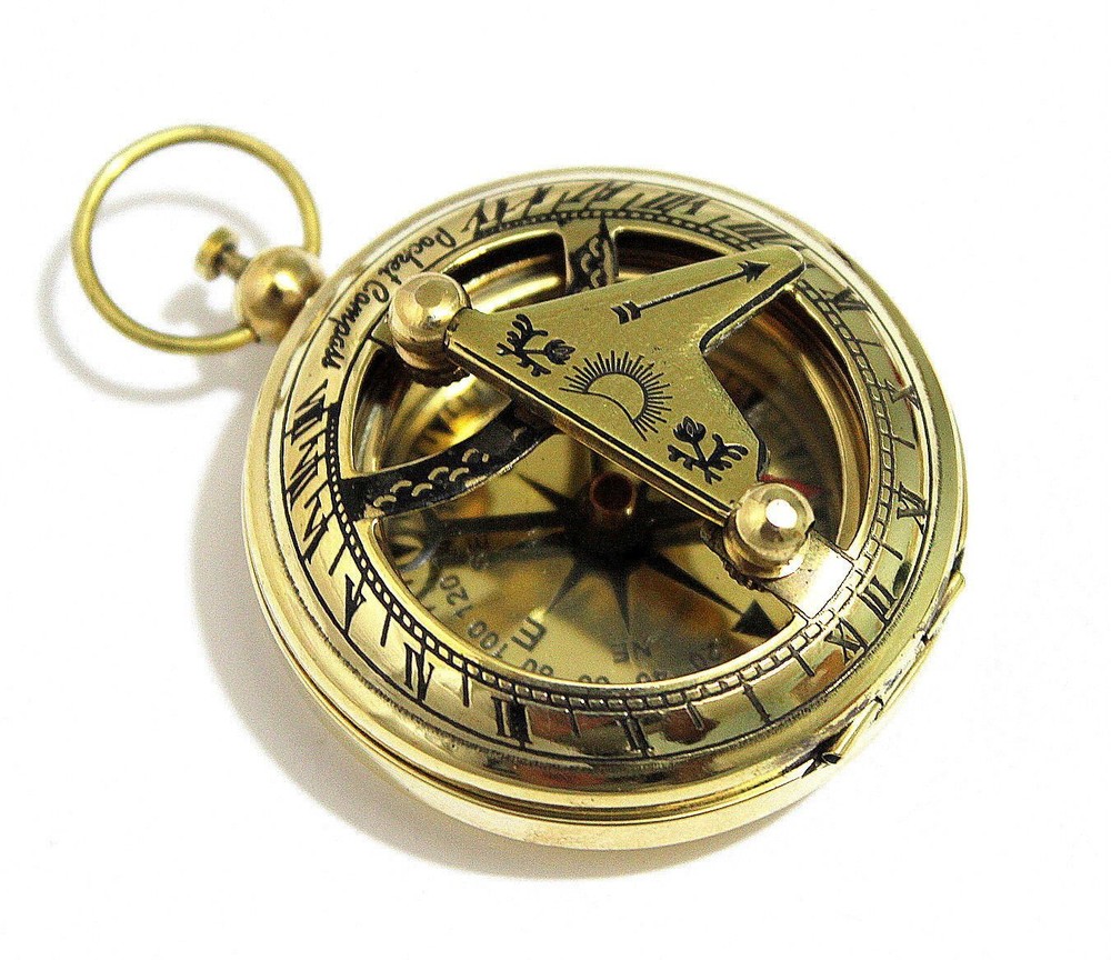 Brass Push Button Direction Sundial Compass - Pocket Sundial Compass Rustic V...