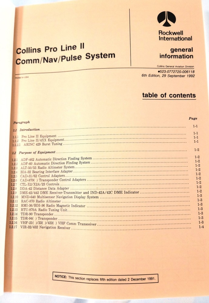 COLLINS Pro Line II Comm Nav Pulse System Install Manual Part A AVIONICS 1992