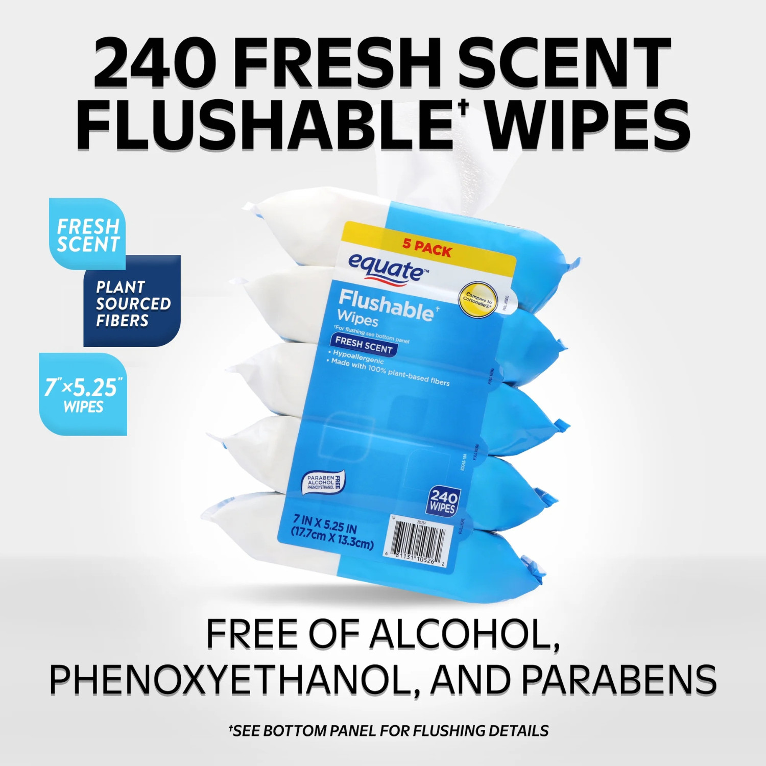 Equate Flushable Wet Wipes, Fresh Scent, 240 Wipes (5 Pack)