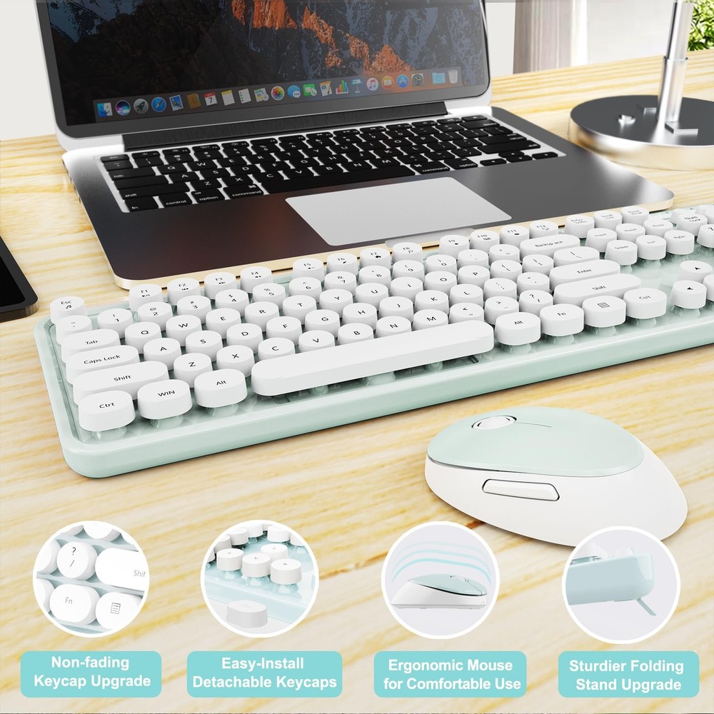 Wireless Keyboard and Mouse Combo Ergonomic Full Size Typewriter Retro Round ...