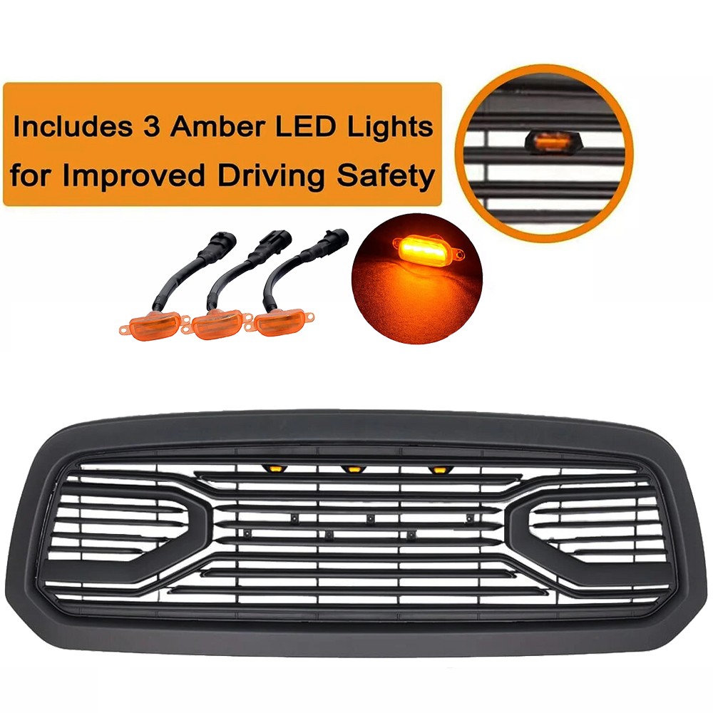 Front Grille For 2013-2018 Dodge Ram 1500 Upper Grill Matte Black W/Letter W/LED