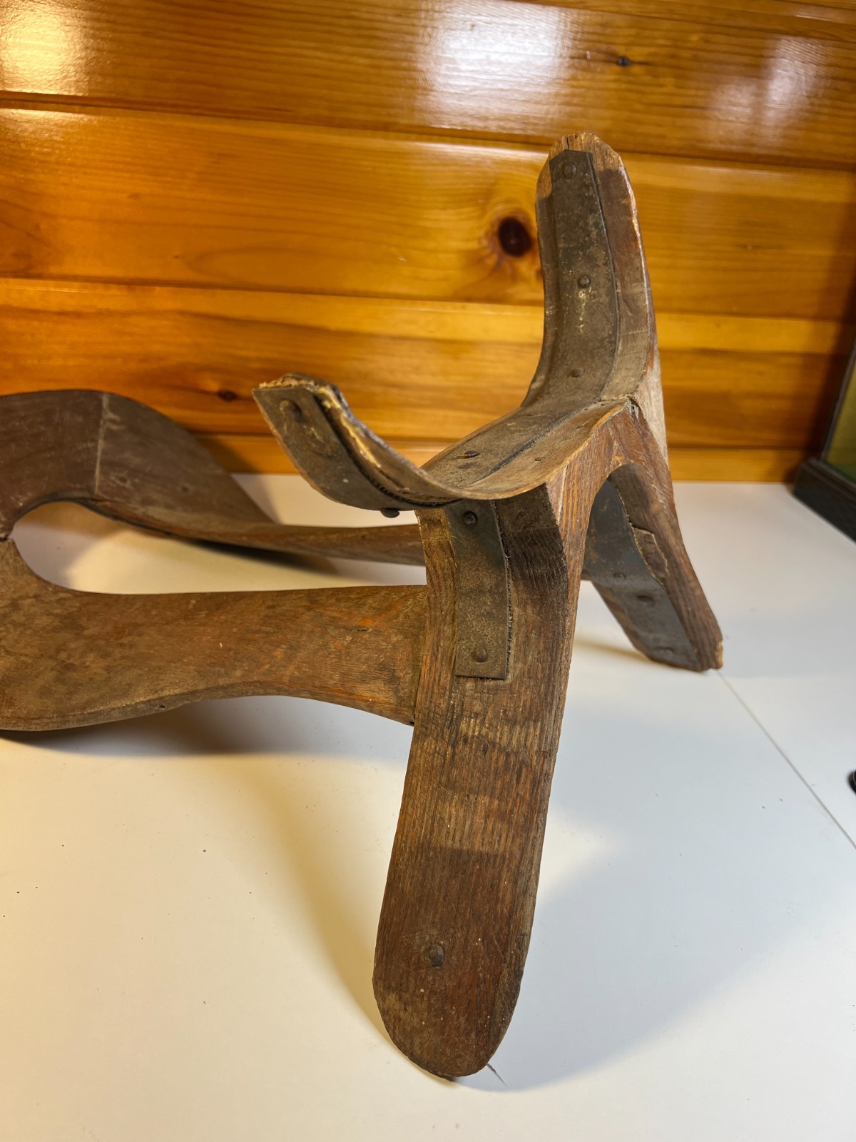 Antique 1880 Hand Made Wooden Saddle Stand Holder Blacksmith Peened Wrought Iron