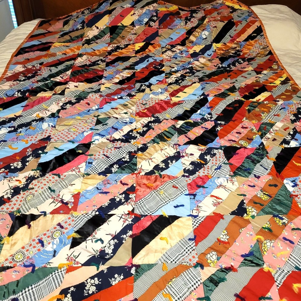 Crazy Quilt Silk Patchwork With Orange Backing Hand Stitched Patchwork Vintage
