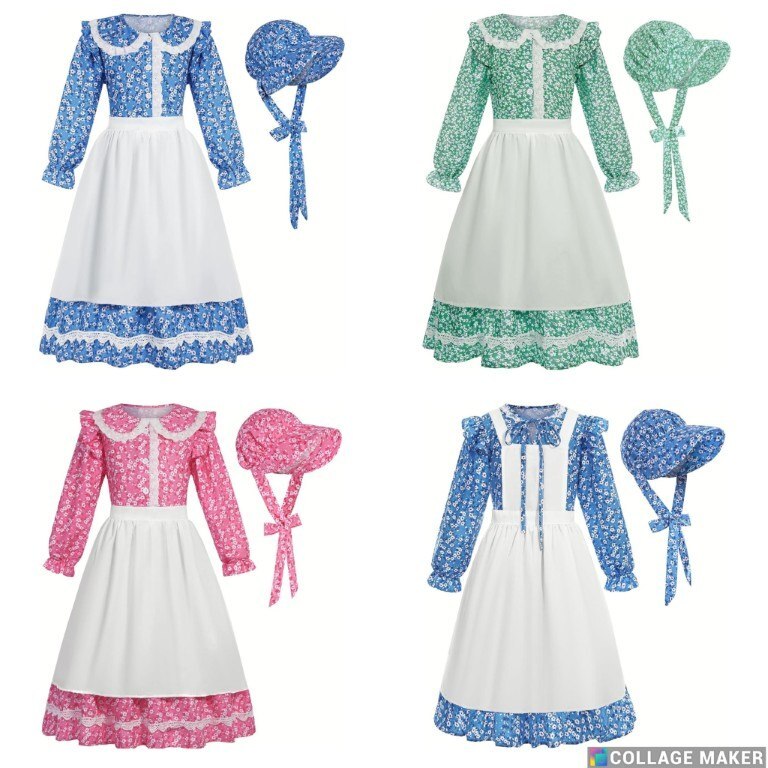 Pioneer Prairie Colonial Dress Costume w/ Apron & Bonnet girls kids 5-12 100 day