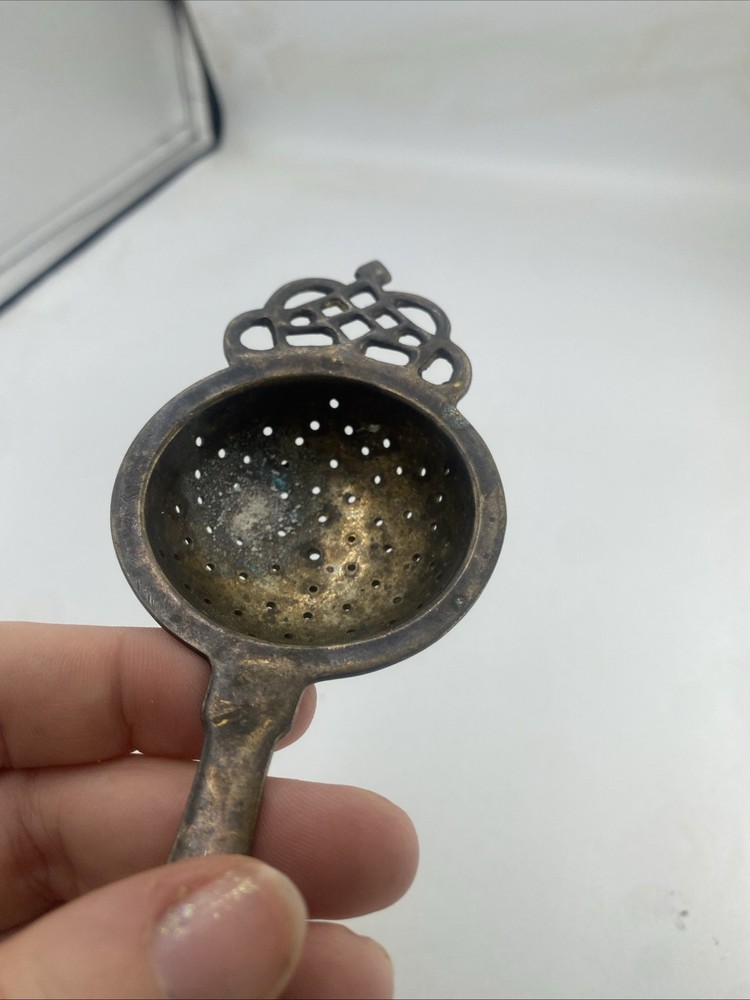 Antique Silver Plated Tea Strainer With Handle - Crown Design Needs Cleaned