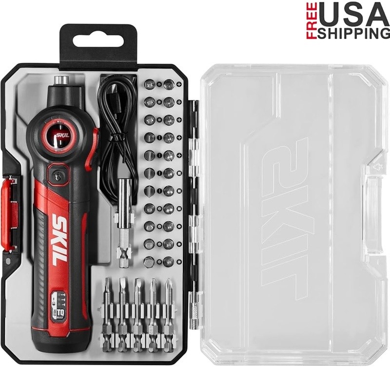 Cordless Screwdriver 4V W/ Pivoting Head USB-C Charging LED Light 28 Bit Set