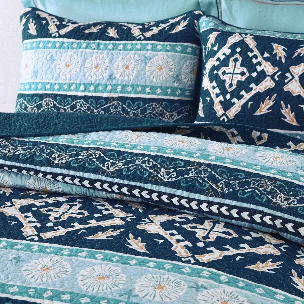 Cotton Bedspread Quilt Sets-Reversible Patchwork Coverlet Set Boho Chic