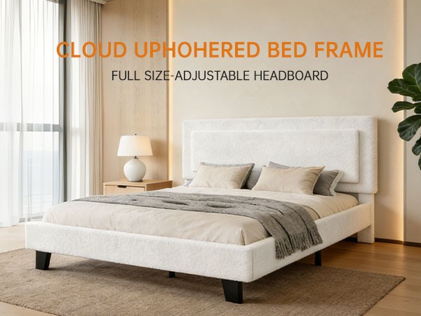Bed Frame Full Size Upholstered Bed Frame with Adjustable Headboard Solid Wood