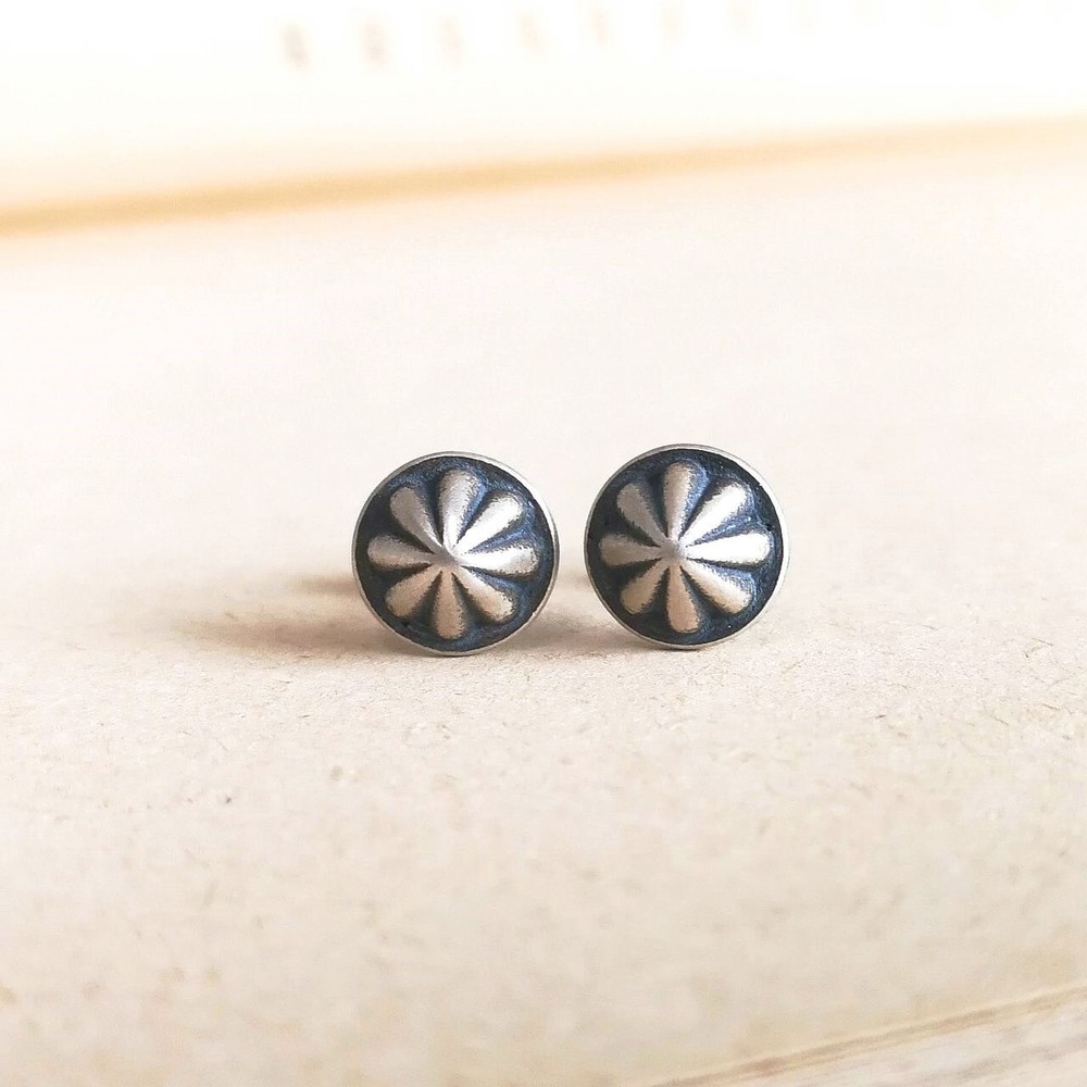 Oxidized 925 Sterling Silver Tiny Concho Small Stud Earrings Southwestern Unique