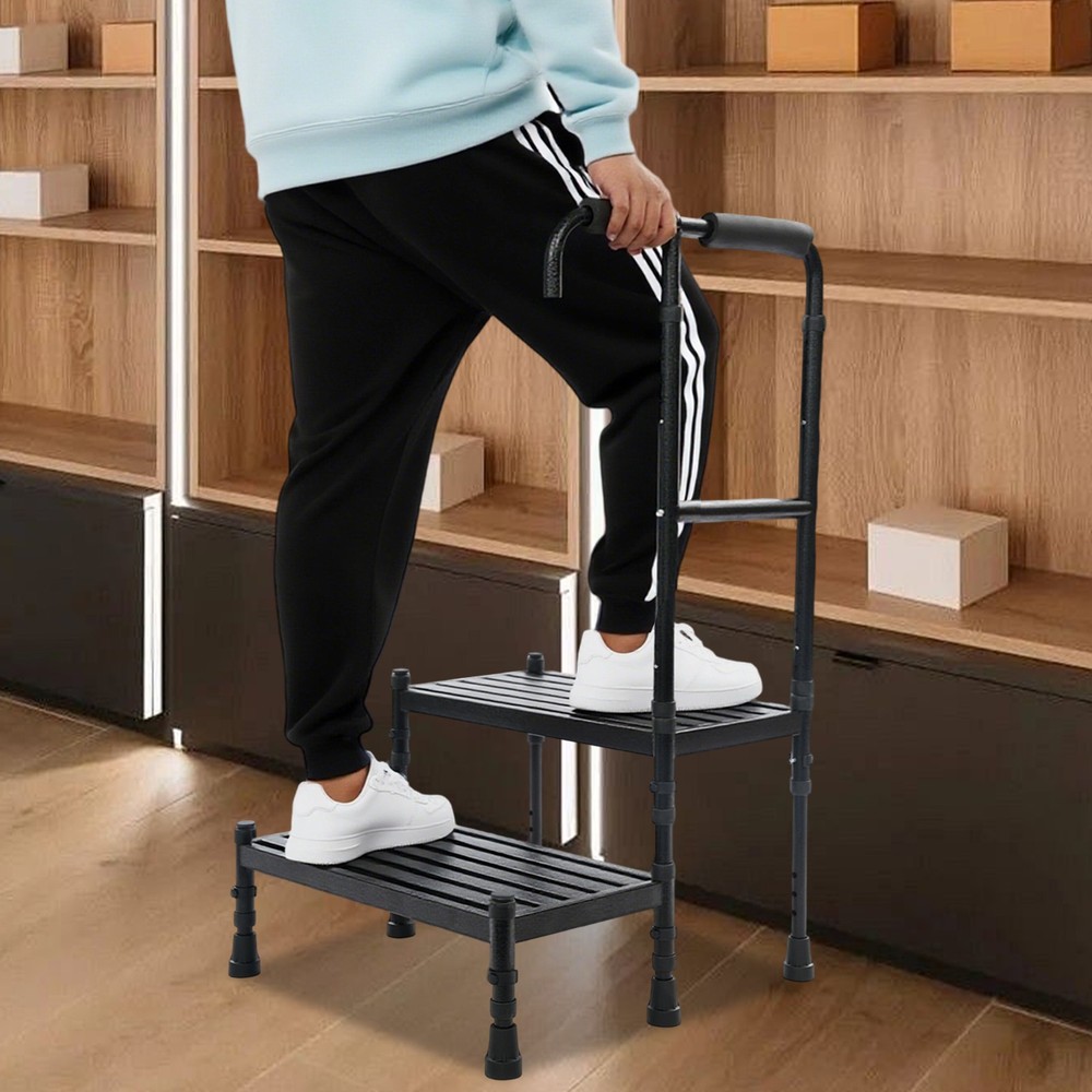 Double Step Stool With Movable Rubber Shock-absorbing Base, Black 21 Inches Long