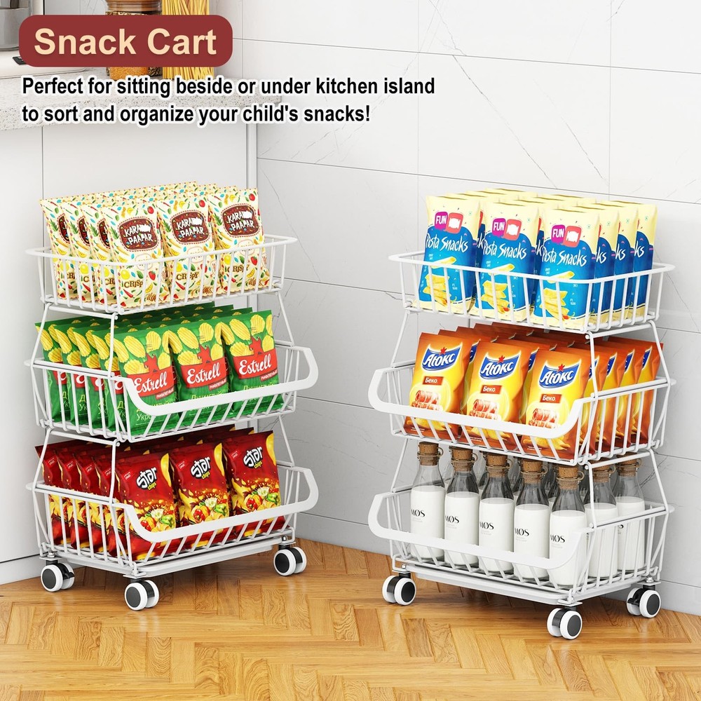 3Tier Rolling Pantry Cart w/Wheels Stackable Wire Storage Organizer White