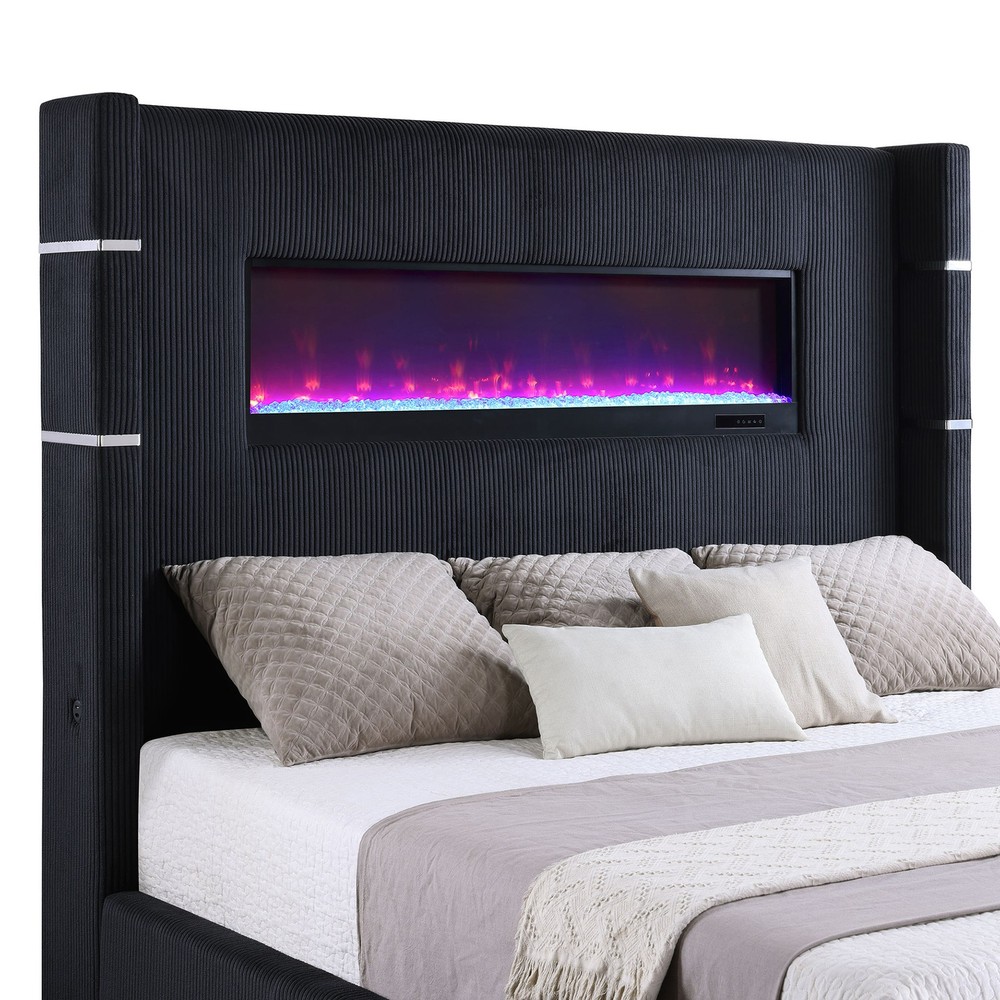 Judah Black Upholstered Queen Flame Visualizer Bed