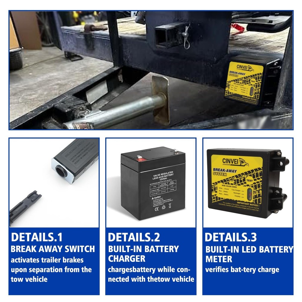 CINVEI Trailer Brakes Break-Away Kit Side Load Controller System with Switch LED