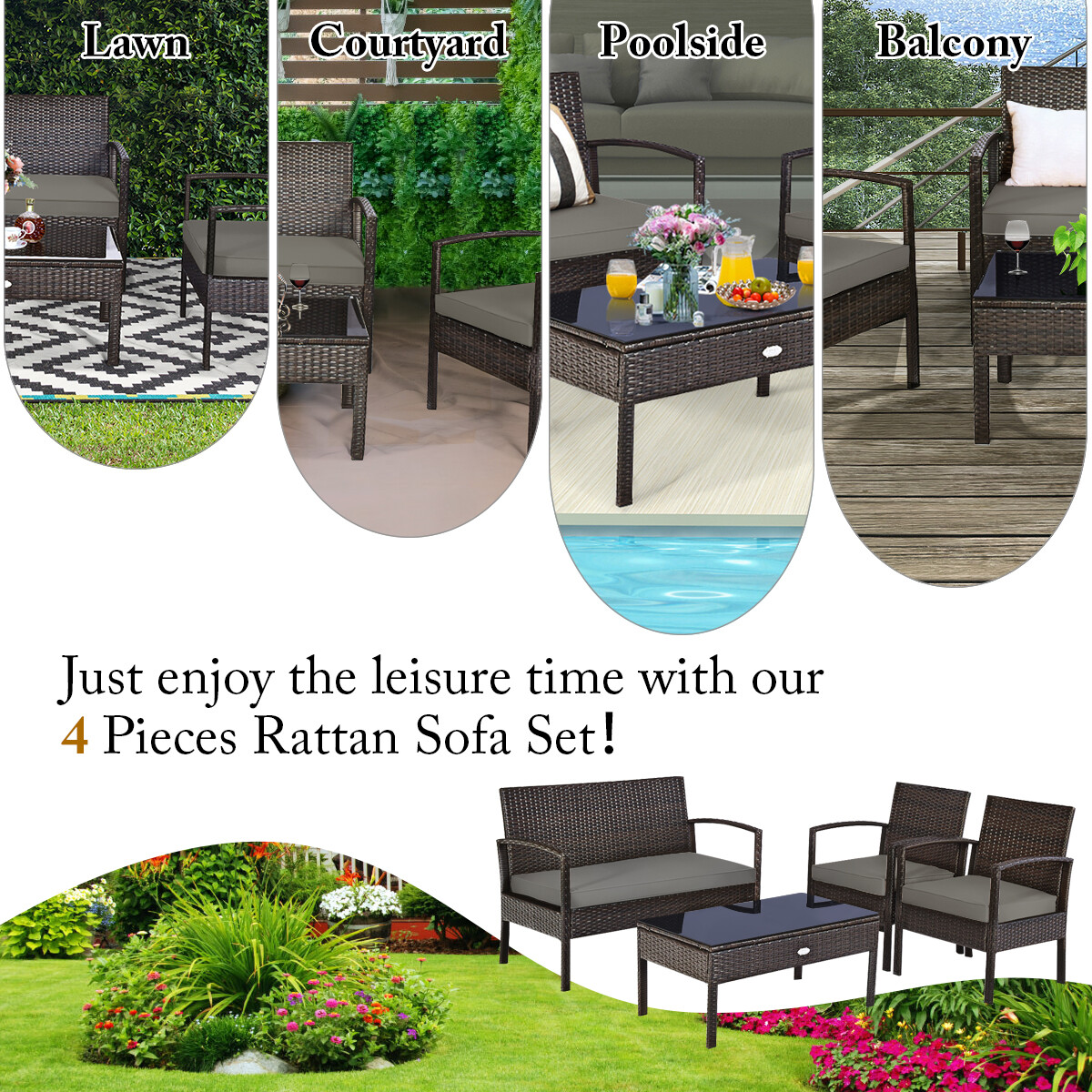 Costway 4PCS Outdoor Patio Rattan Furniture Set Cushioned Sofa Coffee Table Deck
