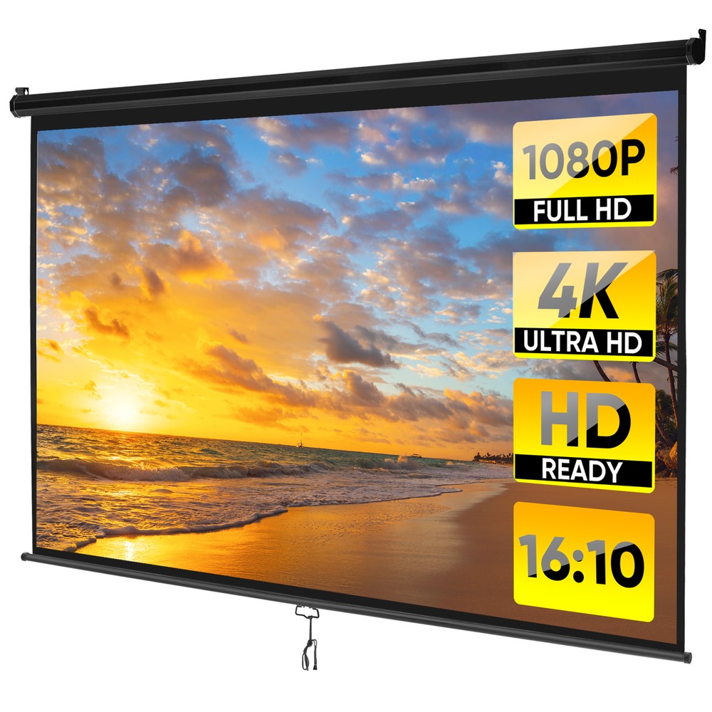 Projector Screen 100" Diagonal Projection Screen Manual Pull Down 16:10 HD Black