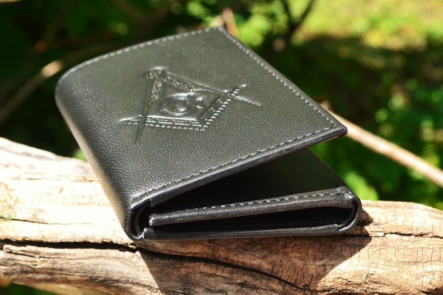 Masonic Black Leather Tri-Fold Wallet - RFID Protected - Square and Compasses