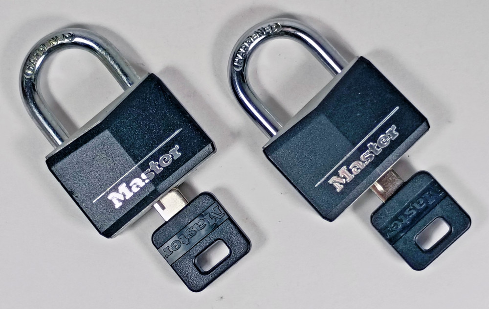 2 Master Padlocks with Keys. Keyed Alike. Each Key Fits Both Locks.
