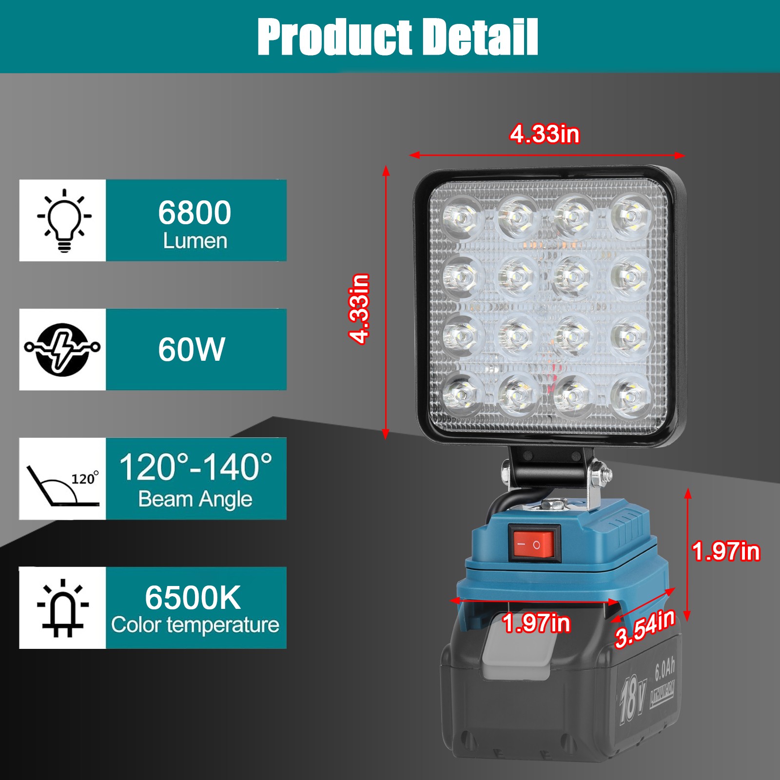 60W 18V LED Work Light Flashlight Compatible with Makita 18V LXT Battery
