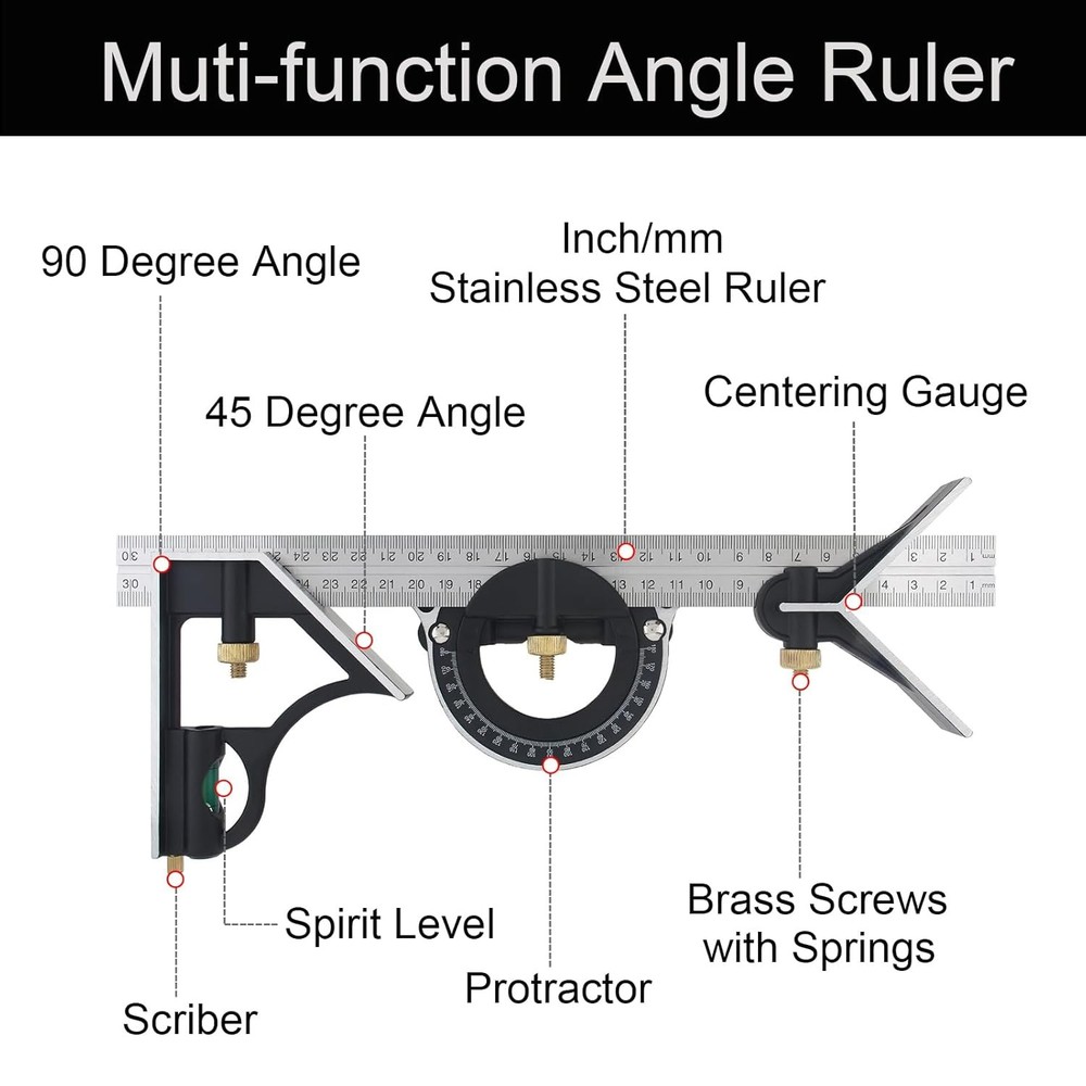 3-Piece Adjustable T-Square Kit, 300MM Protractor Level Sliding Square Ruler