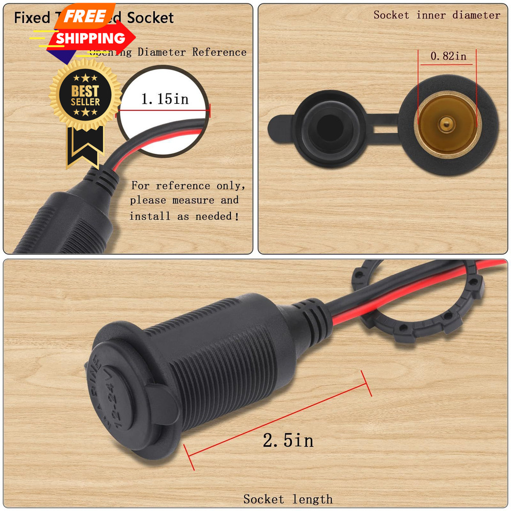 Dongge 2FT 12V/24V Fixed Thread Cigarette Lighter Socket Extension 2 FT, 2 ft