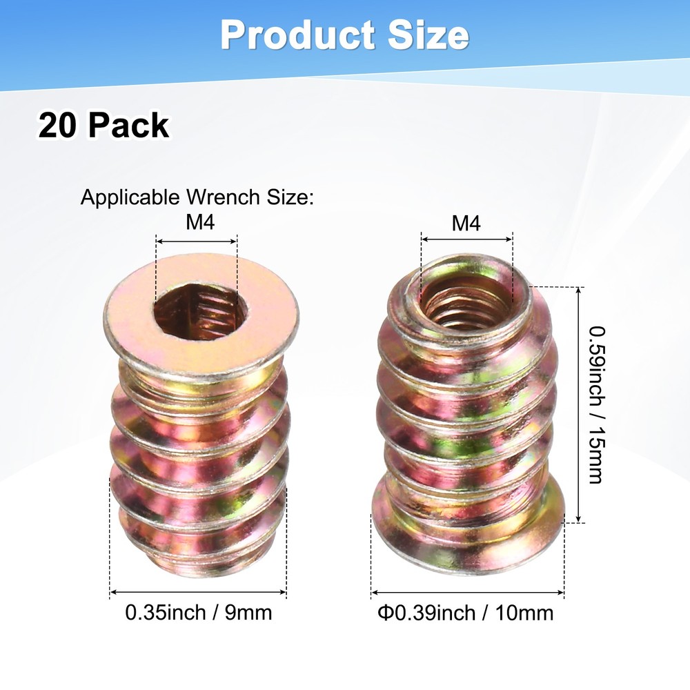 20-Pack Threaded Inserts for Wood, M4x15mm Threaded Insert Nuts [Gold Tone]