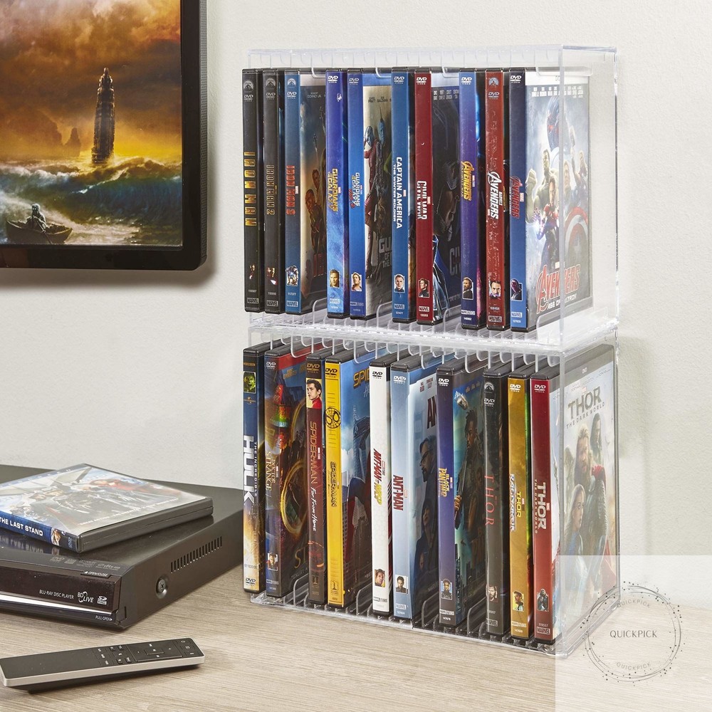 Stackable Clear Plastic DVD Organizer with Rubber Feet Rectangular Holder Perfec