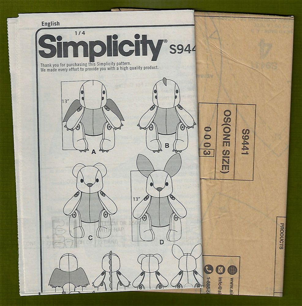 Dragon, Dinosaur, Bear, Bunny Stuffed Plushies Sewing Pattern~Simplicity 9441