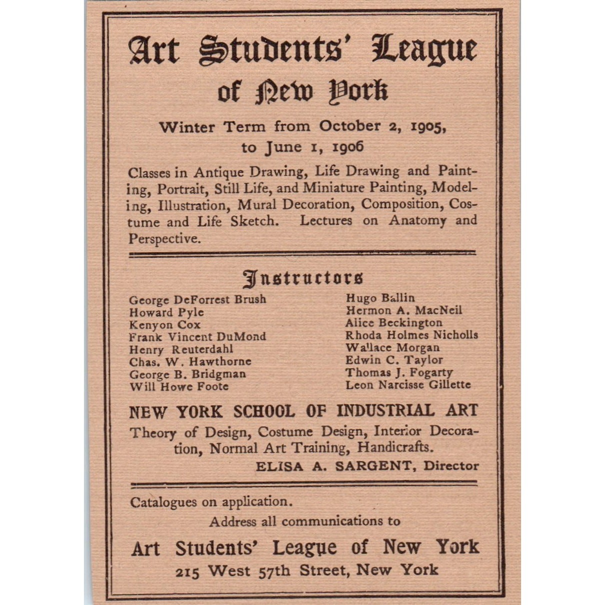 Art  Students' League of New York Elisa A. Sargent 1906 Victorian Ad AB8-MA3