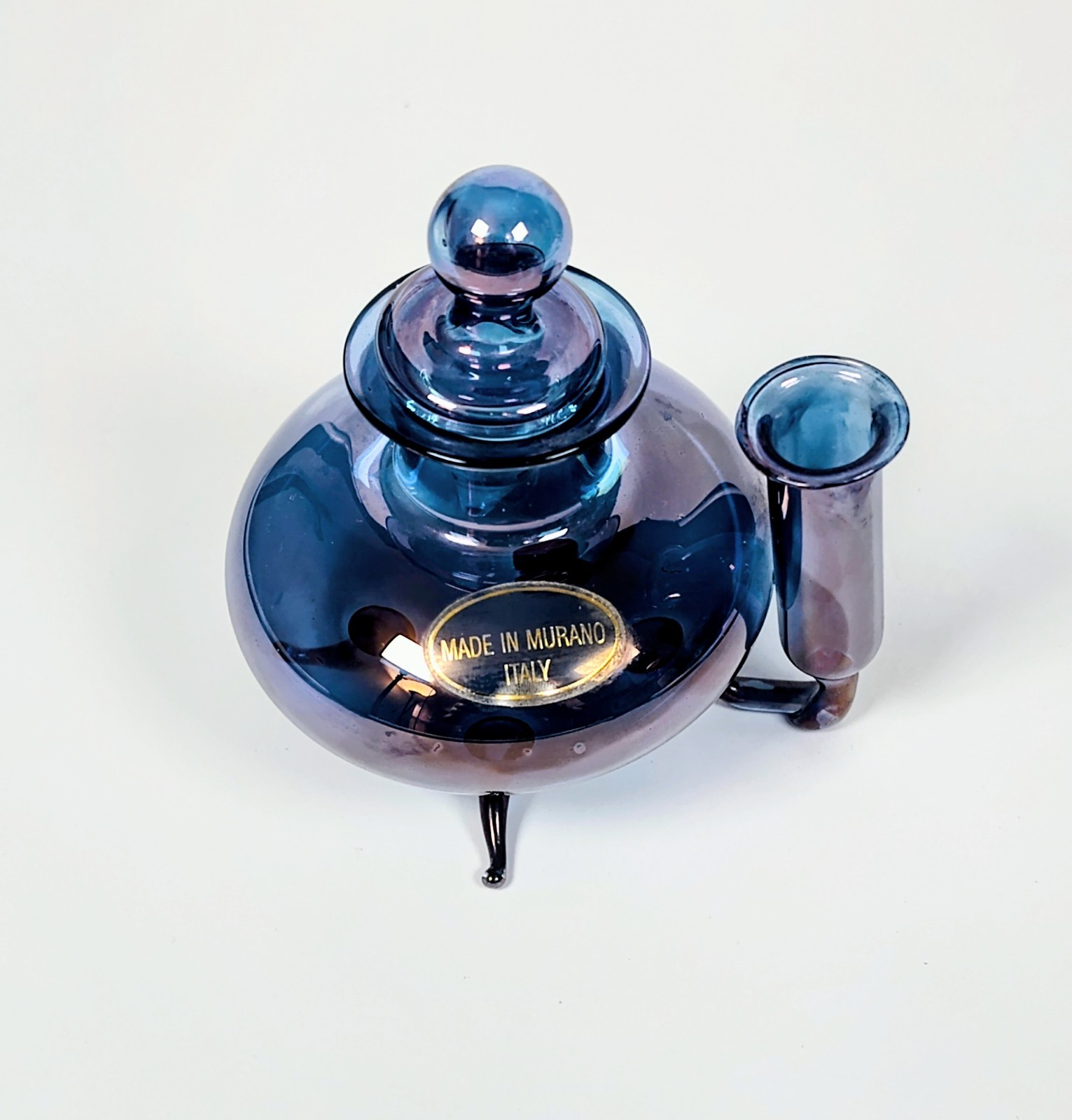 Rare 1960's Murano Glass Inkwell & Dip Pen Set – Cobalt Iridescent Signed Italy