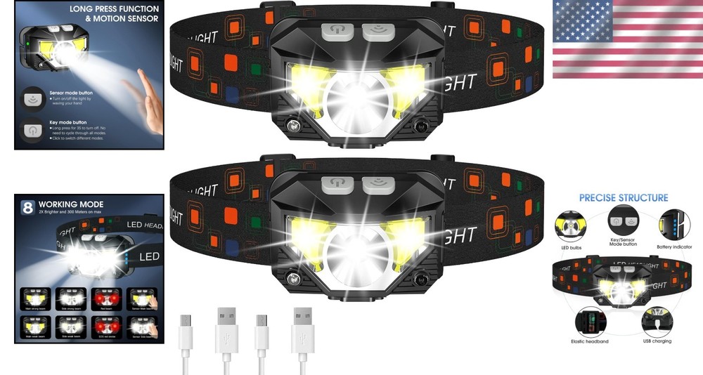 UltraBright 2-Pack Headlamps with Motion Sensor & 8 Modes
