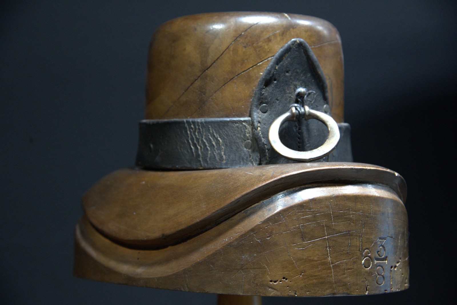 Rare Antique Wooden Hat Block Mold - Size 6 3/8 - Heavy Millinery Tool with Leat