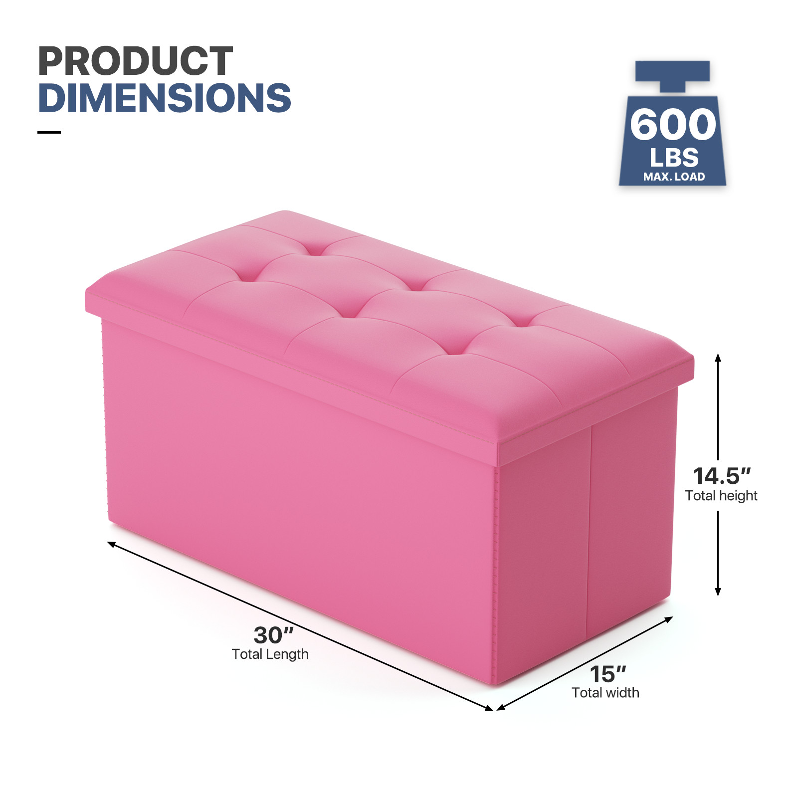 30" Dark Pink Folding Storage Ottoman Foot Stool Bench Chest w/Flipping Lid