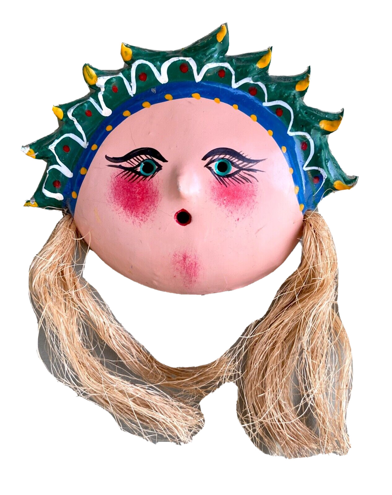 Vintage Hand Painted Folk Art Coconut Shell & Seed Pod Mask, Mexico