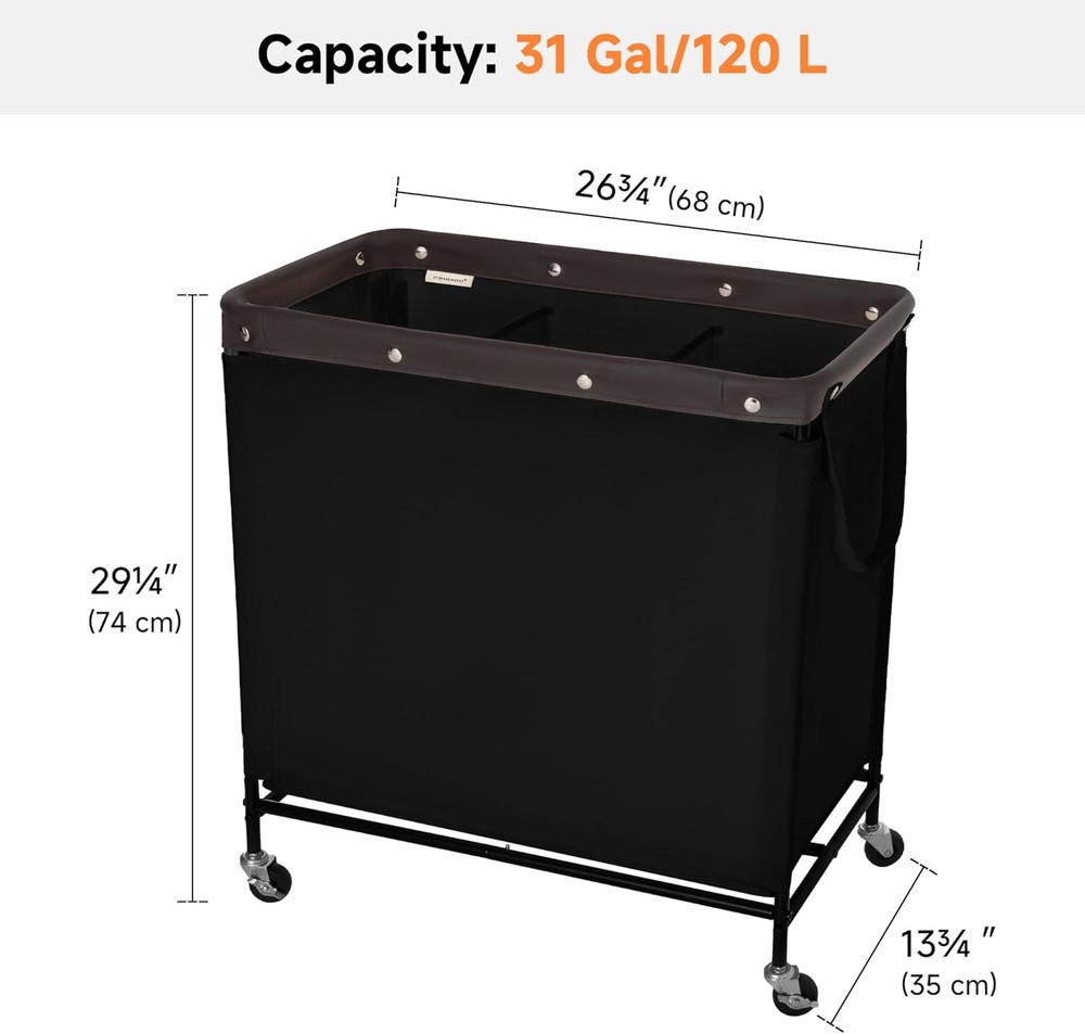 3 Section Laundry Hamper Rolling Laundry Cart W/ Wheels & Handles Laundry Room