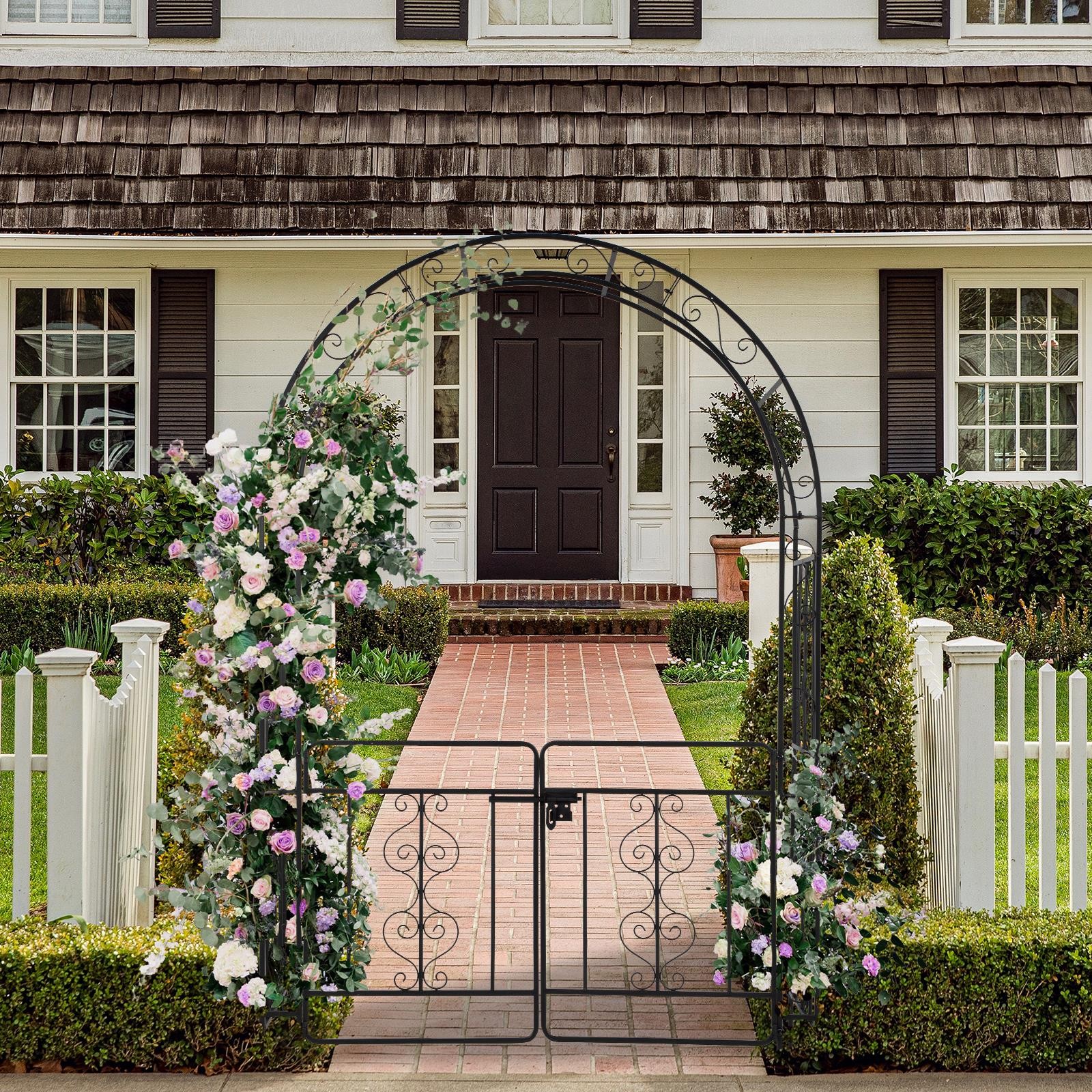 7FT Sturdy Metal Garden Arch Trellis with Gate for Outdoor Garden Lawn Backyard