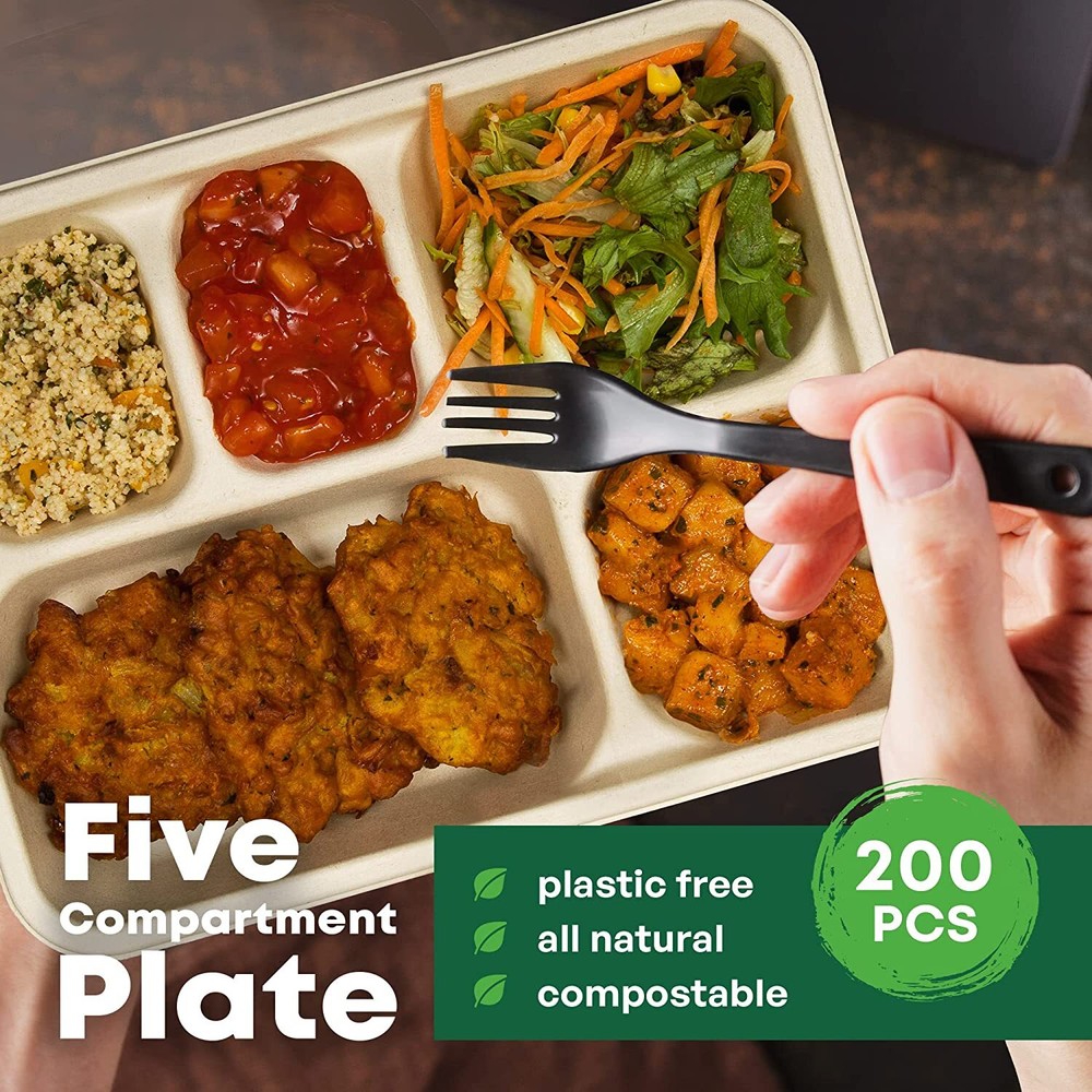 5 Compartments Bagasse Rectangular Tray Compostable Biodegradable With Lids